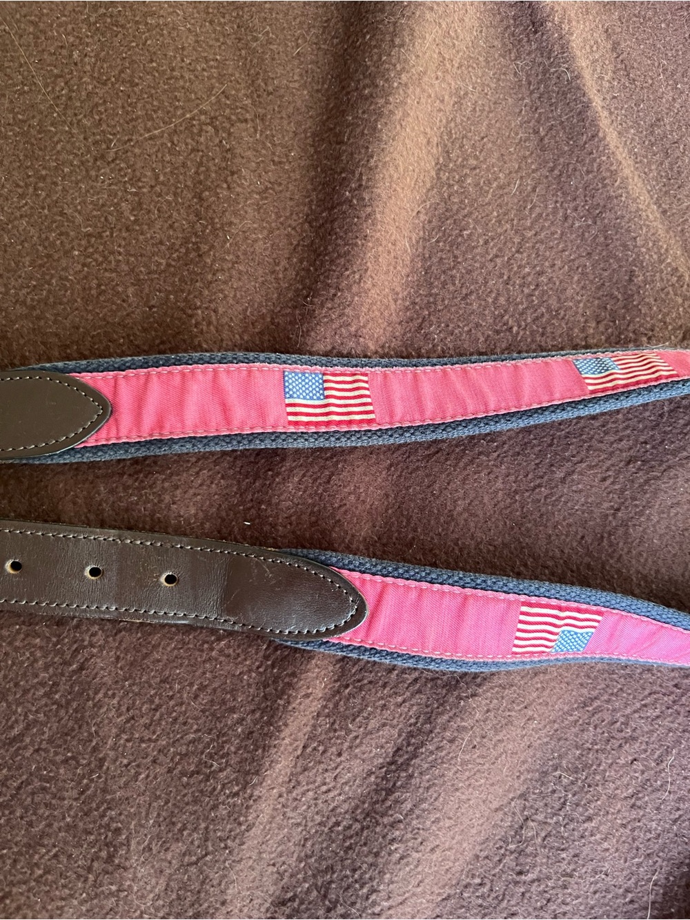Vineyard Vines American Flag Ribbon Belt with Brown Leather and Brass Accents 32